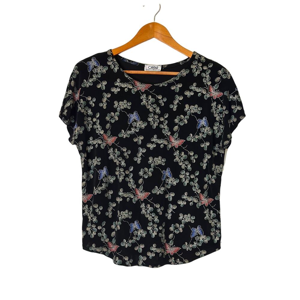 CAVIAR Black Butterfly Floral Print Blouse Stretchy Scoop Neck Short Sleeve